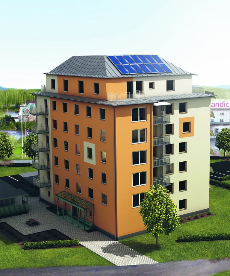 Illustration av ett lägenhetshus på sju våningar.