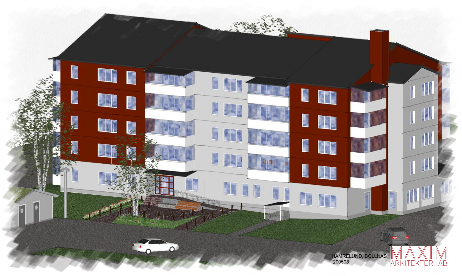 Illustrationsbild på ett Trygghetsboende i sex våningar. Huset är Rött och vitt.