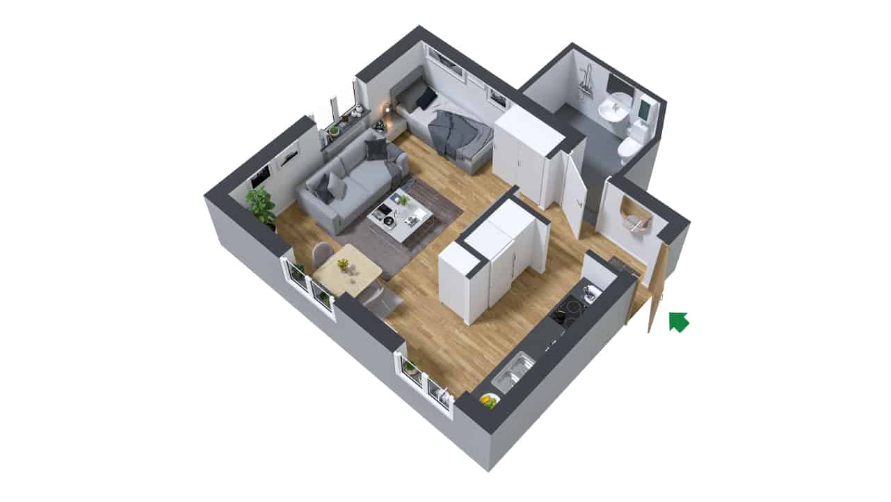 3D ritning av en möblerad ett rum och kök på Kilbygatan 6
