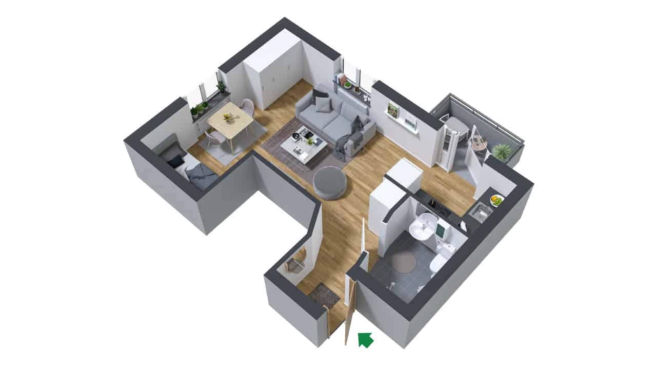 3D ritning av en möblerad ett rum och kök på Kilbygatan 6