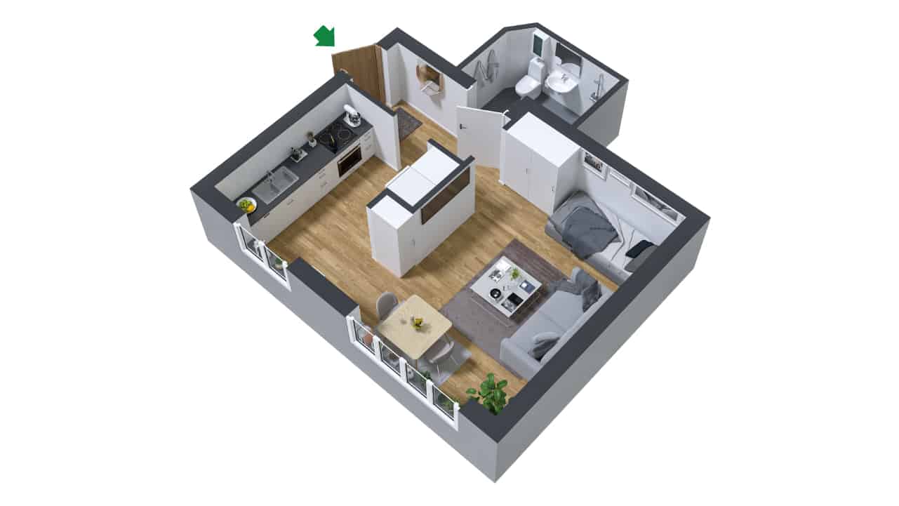 3D ritning av en möblerad ett rum och kök på Kilbygatan 6