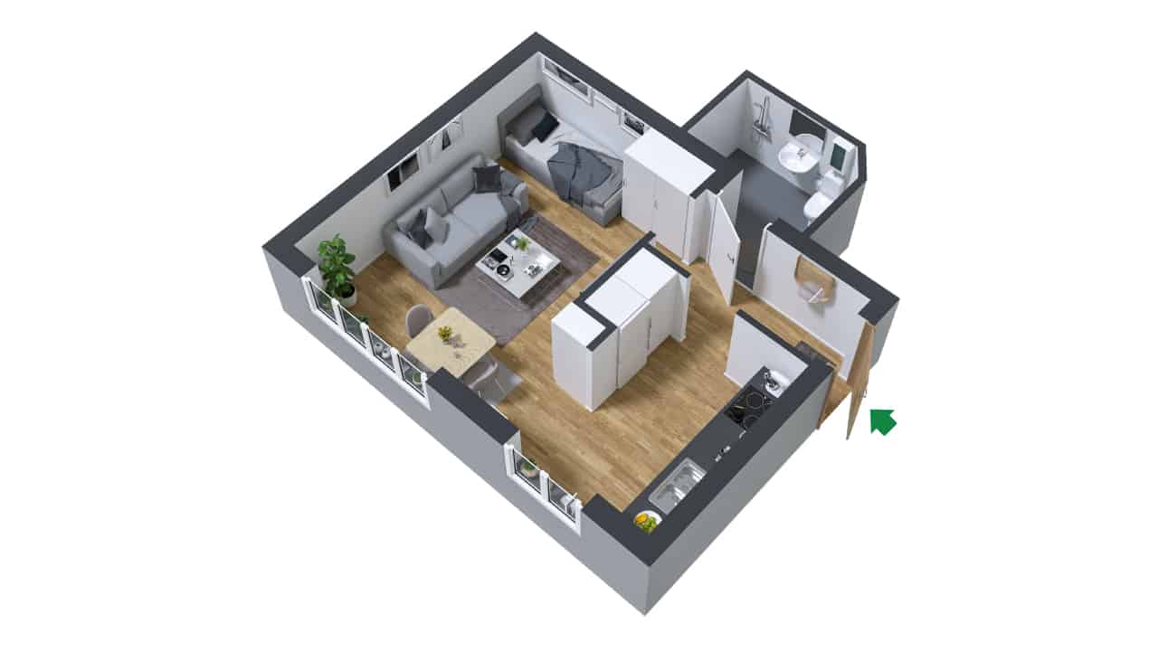 3D ritning av en möblerad ett rum och kök på Kilbygatan 6