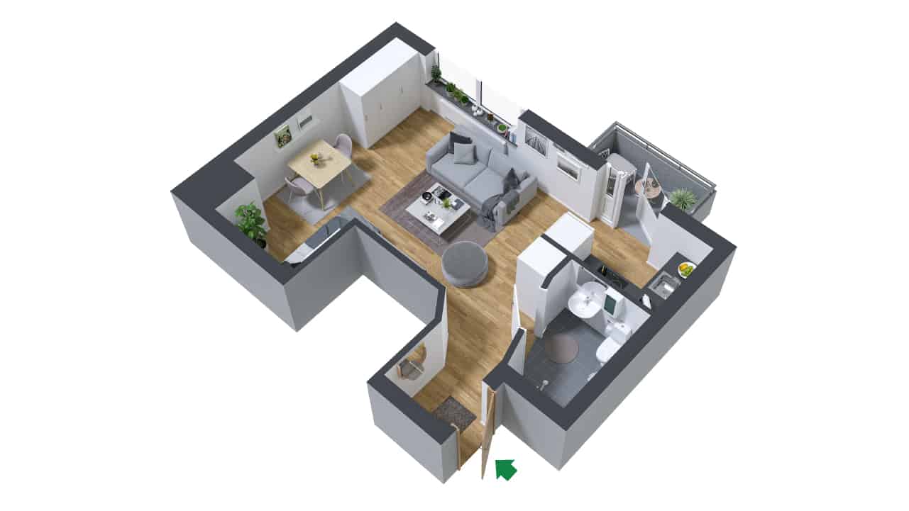 3D ritning av en möblerad ett rum och kök på Kilbygatan 6