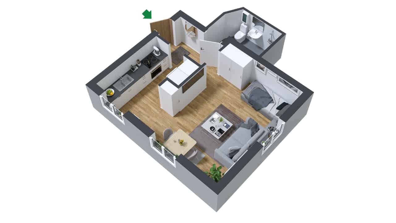 3D ritning av en möblerad ett rum och kök på Kilbygatan 6