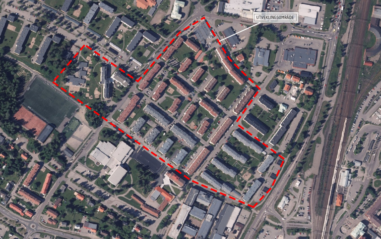 Flygfoto över bostadsområdet Gärdet och kvarteret Vallmon